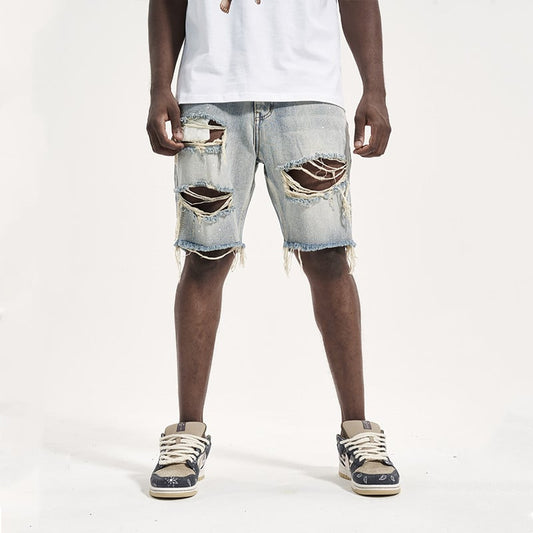 Men's Ripped Denim Shorts with Washed Effect