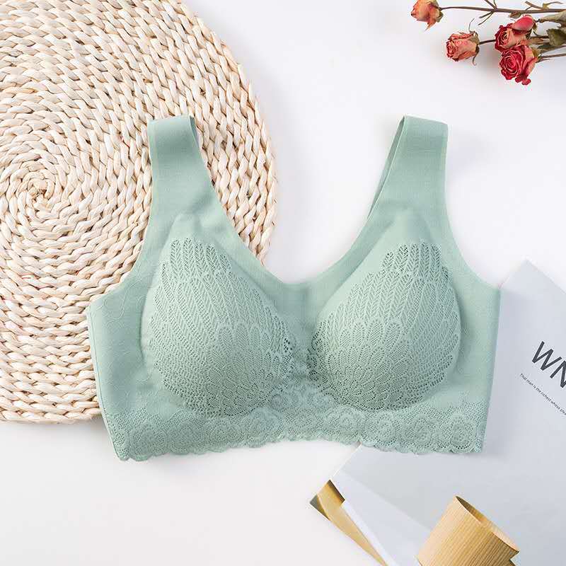 Plus Size Elegant Bra with Feather Embroidery & Lace Trim