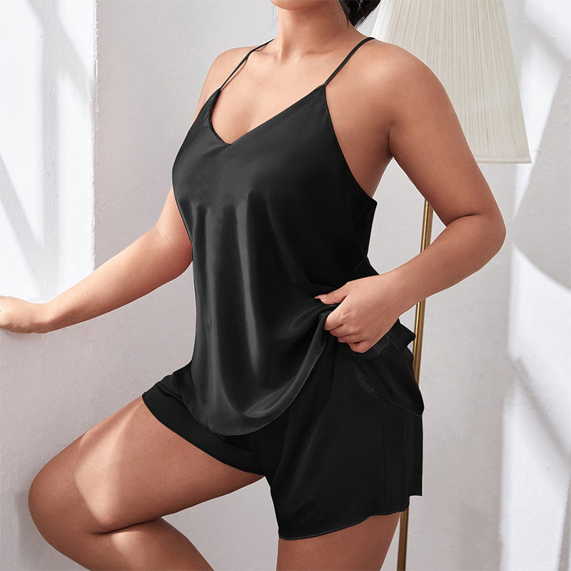 Plus Size Sexy Satin Pajama Set with Halter Neck Top