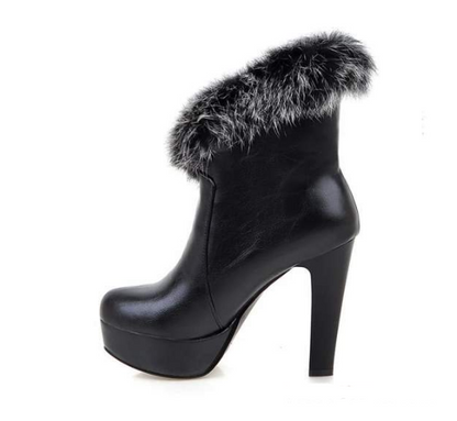 Faux Fur White Thick-Heeled Snow Boots (Mid-Calf)