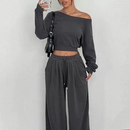 Casual 2-piece Set One-shoulder Long-sleeved Sweatshirt Women's Suit Autumn New Fashion Elastic Waist Tie Loose Sports Trousers - Modernrush.us