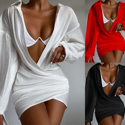 Deep V-neck Solid Color Long Sleeve Mini Dress - Modernrush.us