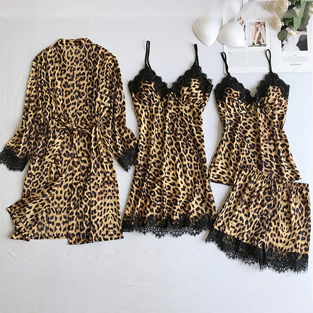 Leopard Print Satin Pajama Set for Women Loungewear