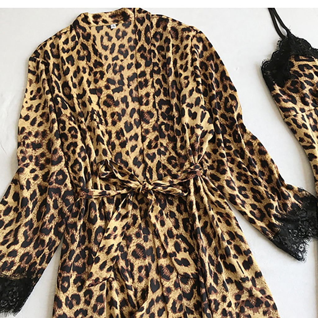 Leopard Print Satin Pajama Set for Women Loungewear