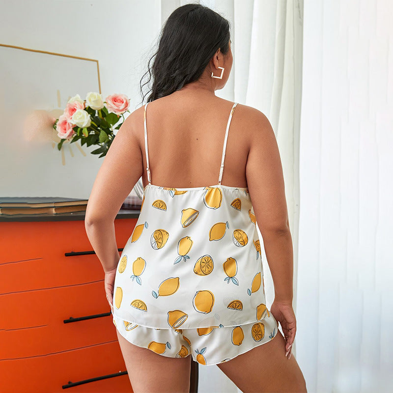 Plus Size Satin Fruit Print Cami Top and Shorts Set