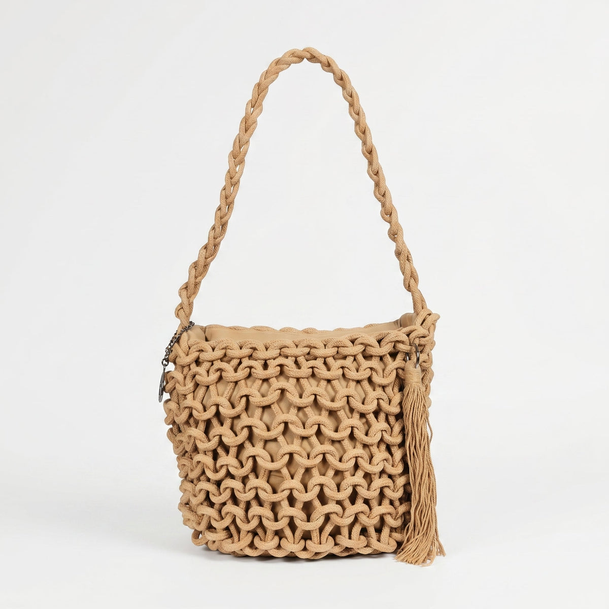Baci & Abbracci Borsa a Spalla Grande in Corda di Cotone Intrecciata con Nappina