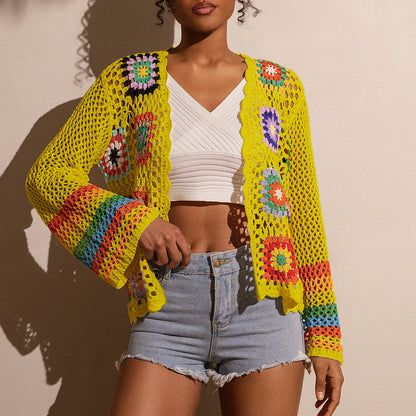 Hand-knitted knitted coat for women, spring-autumn new style, ethnic style, retro openwork Bohemian long-sleeved top - Modernrush.us