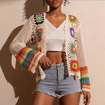 Hand-knitted knitted coat for women, spring-autumn new style, ethnic style, retro openwork Bohemian long-sleeved top - Modernrush.us