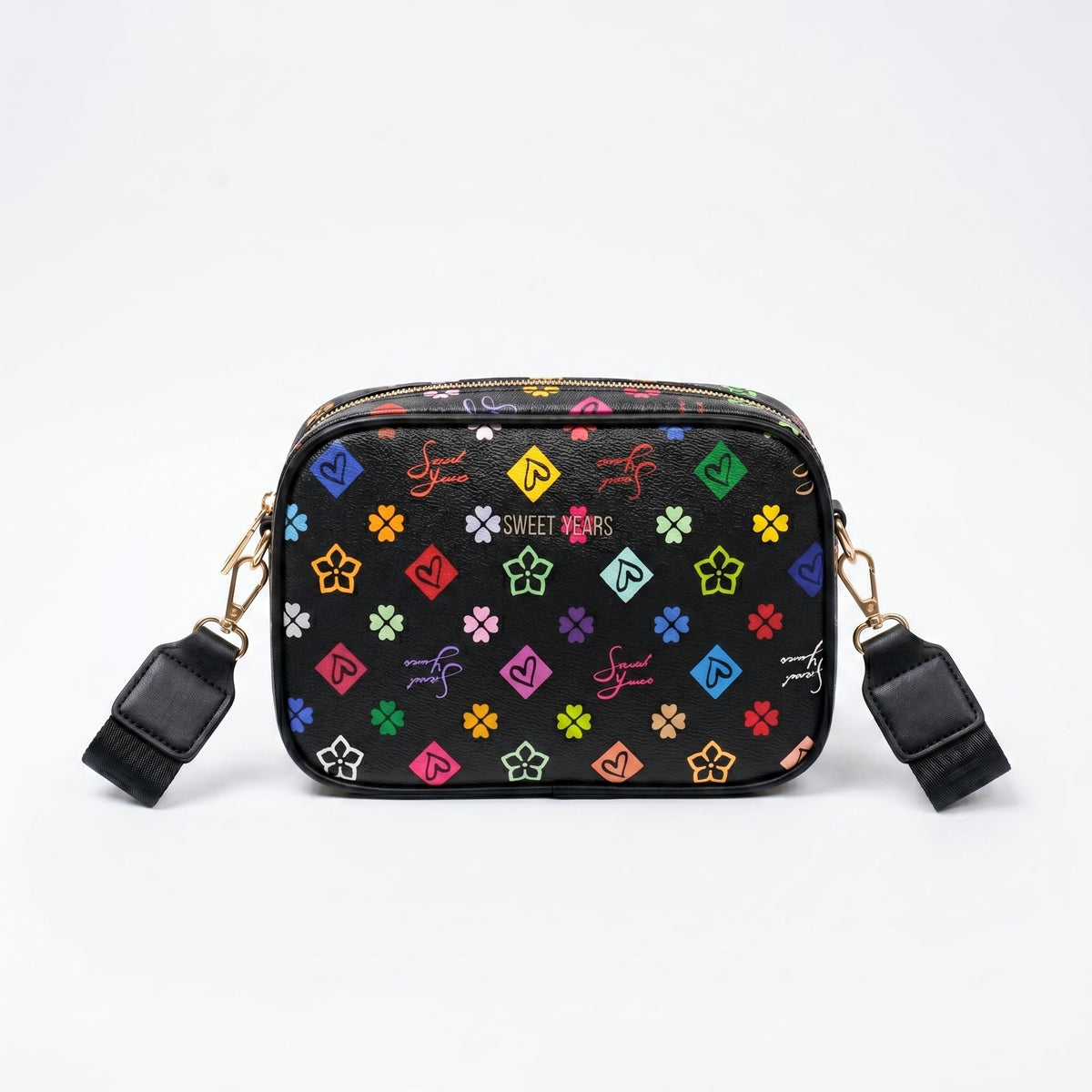 Sweet Years Borsa a Tracolla Camera Bag in Ecopelle con Stampa Monogram Multicolore