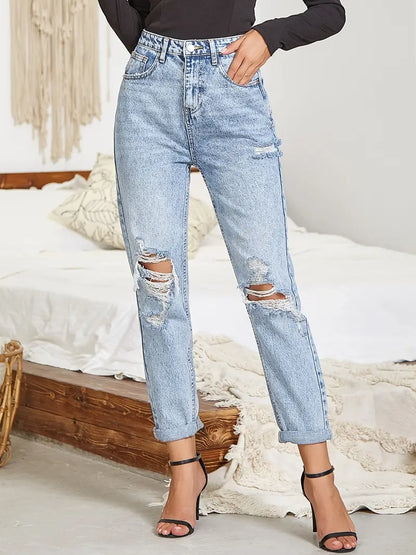 Light Blue Ripped Mom Jeans - High Waist Distressed Denim - Modernrush.us