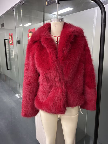 Women Vintage Bright Red Faux Fur Jacket, Loose Wide Collar Cropped Furry Outerwear - Modernrush.us
