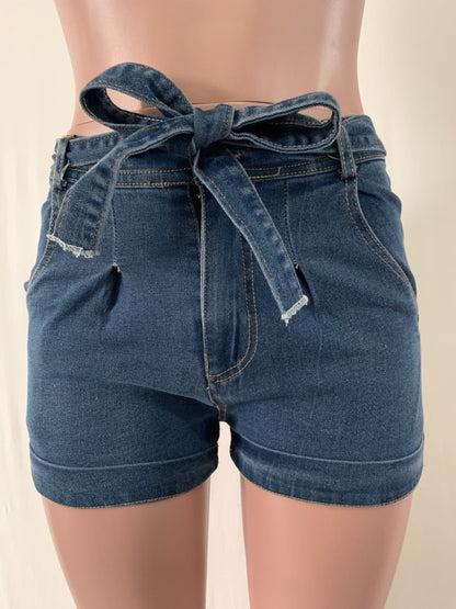 Belted Waist Tie Front Bow Knot Slim Fit Denim Shorts - Modernrush.us