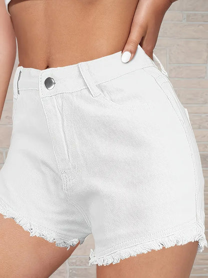 High Rise Raw Hem White Denim Shorts with Ripped Detail - Modernrush.us