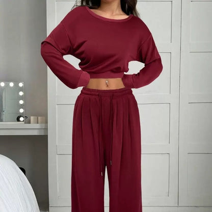 Casual 2-piece Set One-shoulder Long-sleeved Sweatshirt Women's Suit Autumn New Fashion Elastic Waist Tie Loose Sports Trousers - Modernrush.us