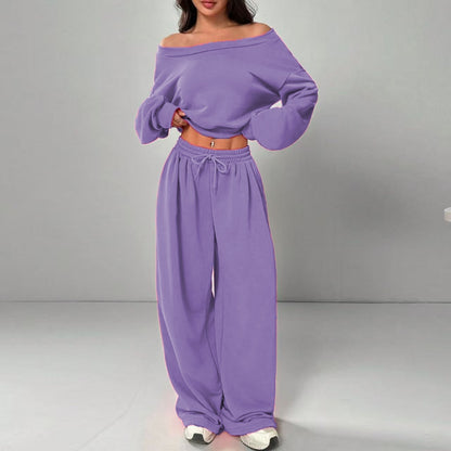 Casual 2-piece Set One-shoulder Long-sleeved Sweatshirt Women's Suit Autumn New Fashion Elastic Waist Tie Loose Sports Trousers - Modernrush.us