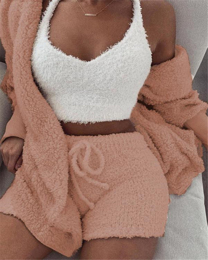 3pcs Womens Clothing Long Sleeve Crop Tank Top And Drawstring Shorts Pajama Set - Modernrush.us