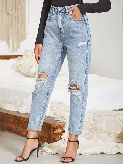 Light Blue Ripped Mom Jeans - High Waist Distressed Denim - Modernrush.us