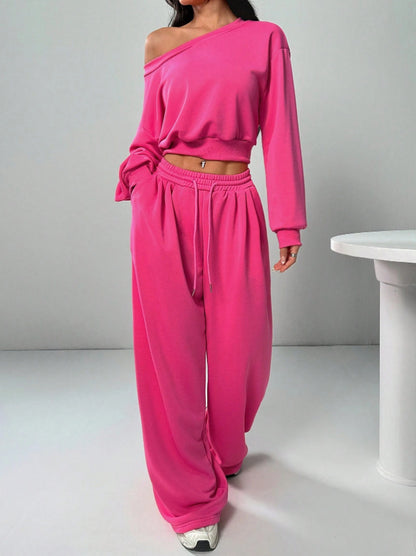 Casual 2-piece Set One-shoulder Long-sleeved Sweatshirt Women's Suit Autumn New Fashion Elastic Waist Tie Loose Sports Trousers - Modernrush.us
