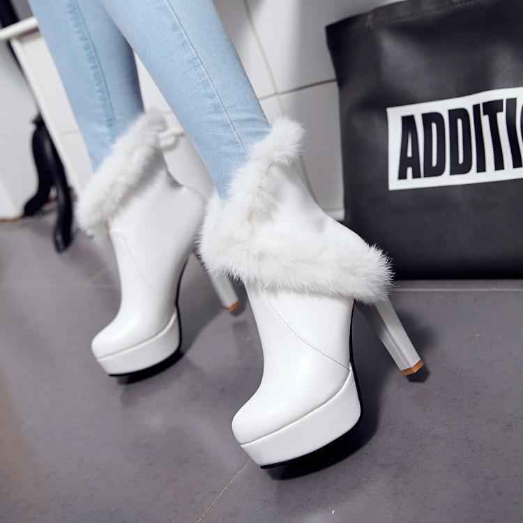 Faux Fur White Thick-Heeled Snow Boots (Mid-Calf)