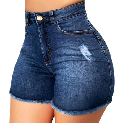 Elastic Slim Fit Ripped Fringe Denim Shorts for Women - Modernrush.us