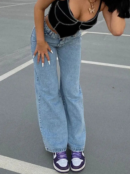 High Waist Loose Fit Wide Leg Denim Jeans for Women - Modernrush.us