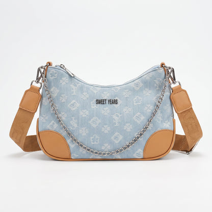 Sweet Years Borsa Hobo in Denim Jacquard con Catena e Tracolla Larga