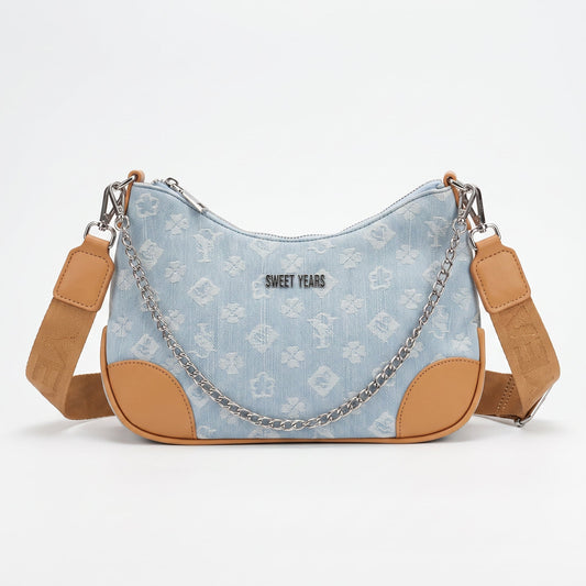 Sweet Years Borsa Hobo in Denim Jacquard con Catena e Tracolla Larga