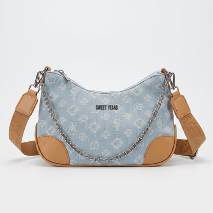 Sweet Years Borsa Hobo in Denim Jacquard con Catena e Tracolla Larga