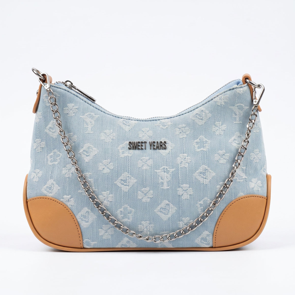 Sweet Years Borsa Hobo in Denim Jacquard con Catena e Tracolla Larga