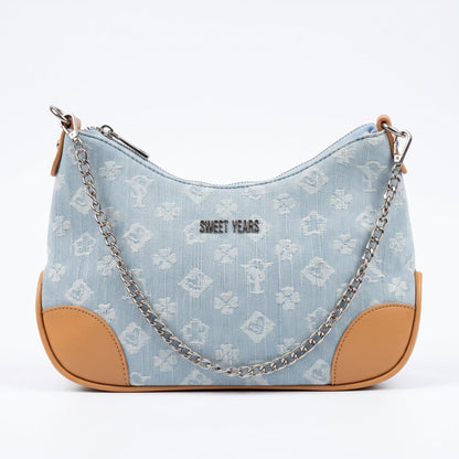 Sweet Years Borsa Hobo in Denim Jacquard con Catena e Tracolla Larga