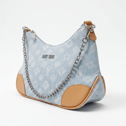 Sweet Years Borsa Hobo in Denim Jacquard con Catena e Tracolla Larga