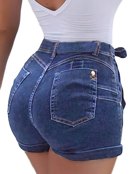 Belted Waist Tie Front Bow Knot Slim Fit Denim Shorts - Modernrush.us