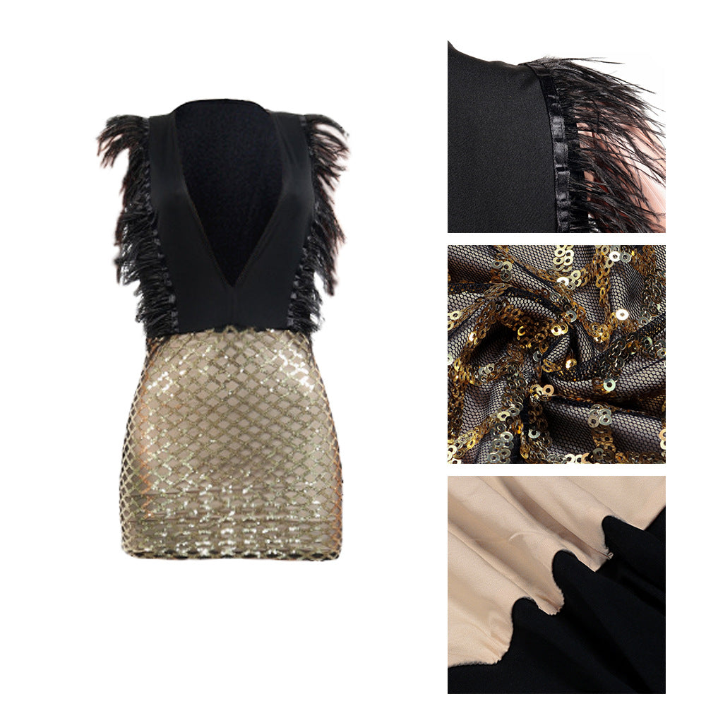 K8669 Sexy Deep V Sequin Feather Bodycon Dress