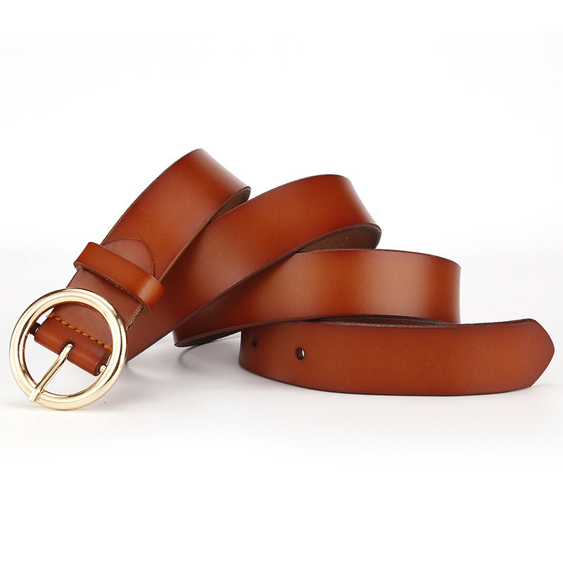 Women's Wide Leather Belt with Round Buckle for Jeans