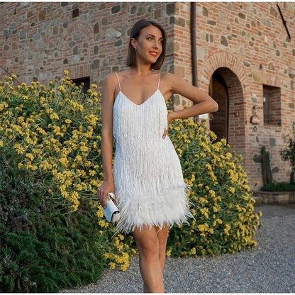 Abito mini estivo da donna sexy con nappine, paillettes e piume, scollo a V, spalline sottili e cuciture; abito da sera elegante da donna per feste e discoteche