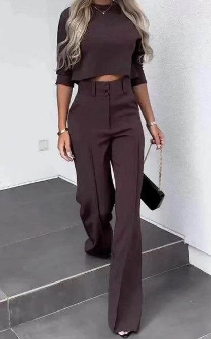 2023 Women's Solid Color Commuter Top & Wide Leg Pants Set - Modernrush.us