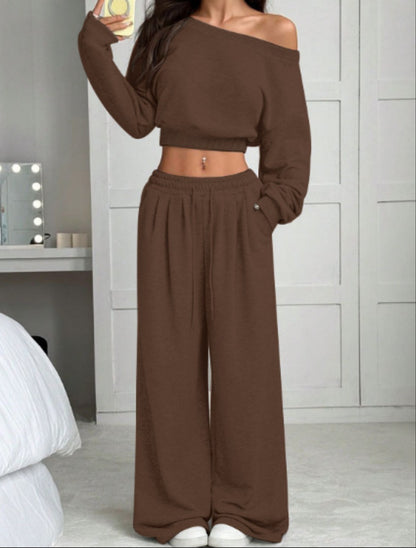 Casual 2-piece Set One-shoulder Long-sleeved Sweatshirt Women's Suit Autumn New Fashion Elastic Waist Tie Loose Sports Trousers - Modernrush.us