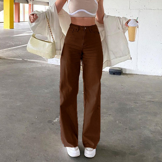 High Waist Wide Leg Denim Jeans with Slash Pockets