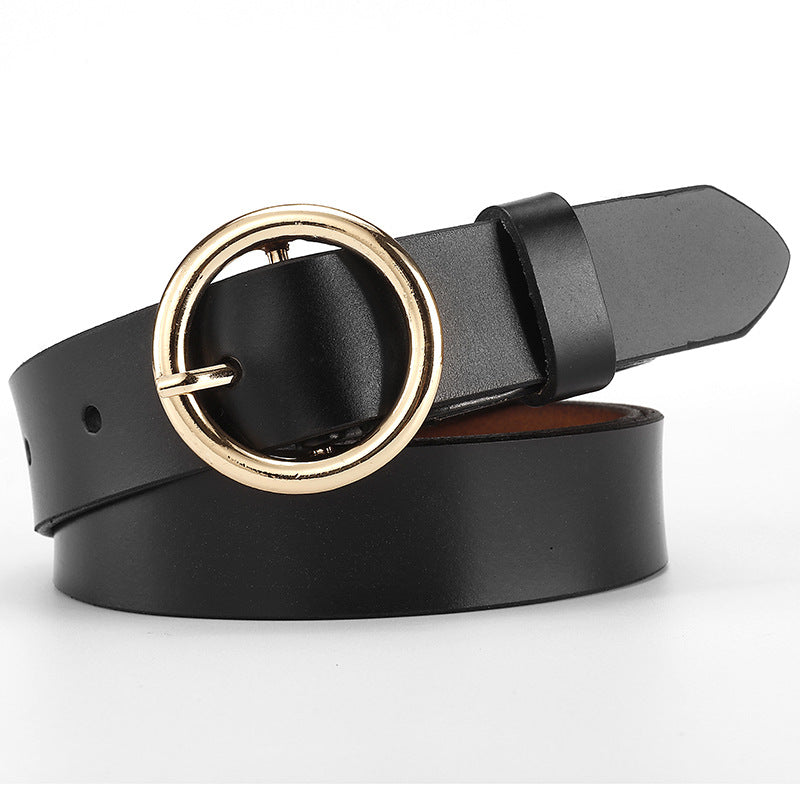 Women's Wide Leather Belt with Round Buckle for Jeans