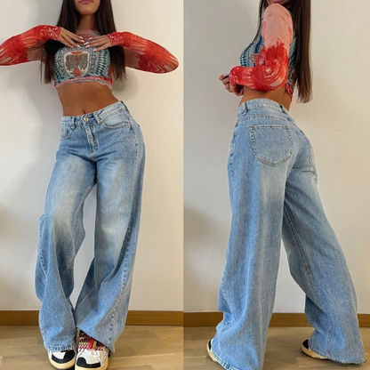 Women's High Waist Wide Leg Retro Denim Jeans - Modernrush.us