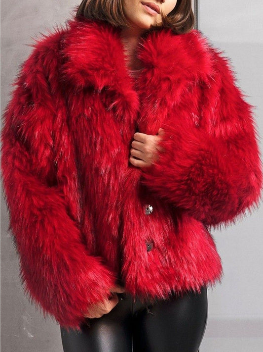Women Vintage Bright Red Faux Fur Jacket, Loose Wide Collar Cropped Furry Outerwear - Modernrush.us