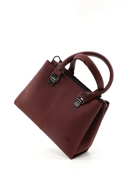 Brown Faux Leather Zippered Handbag with 3 Compartments Adjustable Bag