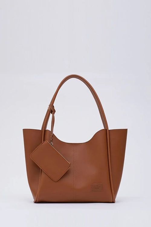Tan SHK108 faux leather women hand and shoulder with wallet and makeup