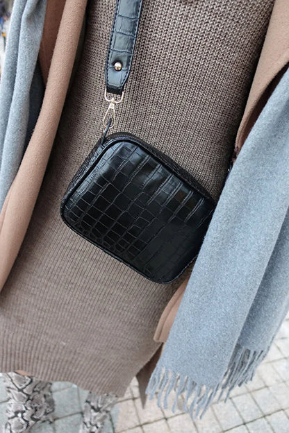 Black Croc Embossed Crossbody Bag for Women
