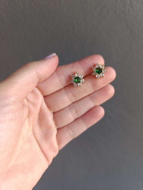 18K Gold Stud Earrings with Green Flower Cubic Zirconia