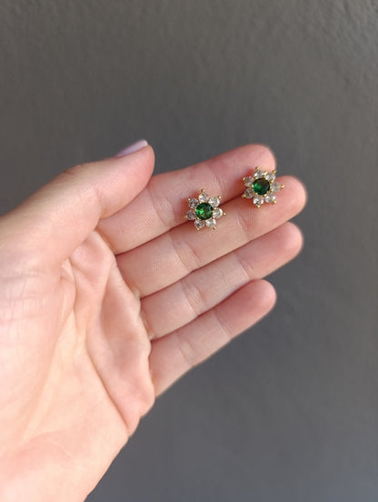18K Gold Stud Earrings with Green Flower Cubic Zirconia