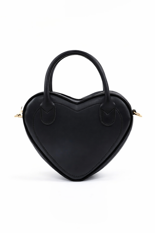 Black Heart Shaped Faux Leather Zipper Bag Single Compartment Hand Bag