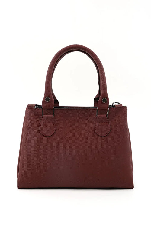 Brown Faux Leather Zippered Handbag with 3 Compartments Adjustable Bag