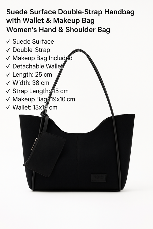 Black suede SHK108 women hand and shoulder bag with wallet makeup
