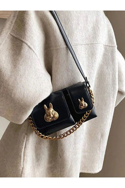 Women black baguette bag squirrel accessory design elegant shoulder